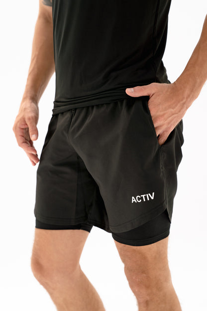 Act-Fit Training Shorts with Underneath Compression Shorts - Black