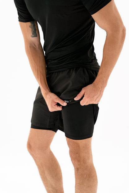 Act-Fit Training Shorts with Underneath Compression Shorts - Black