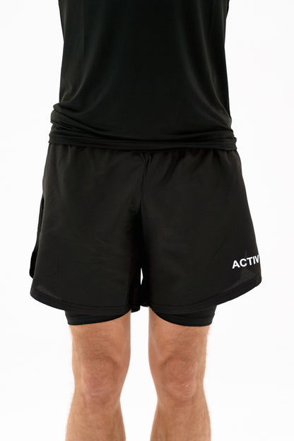 Act-Fit Training Shorts with Underneath Compression Shorts - Black