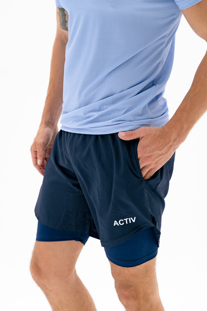Act-Fit Training Shorts with Underneath Compression Shorts - Navy Blue