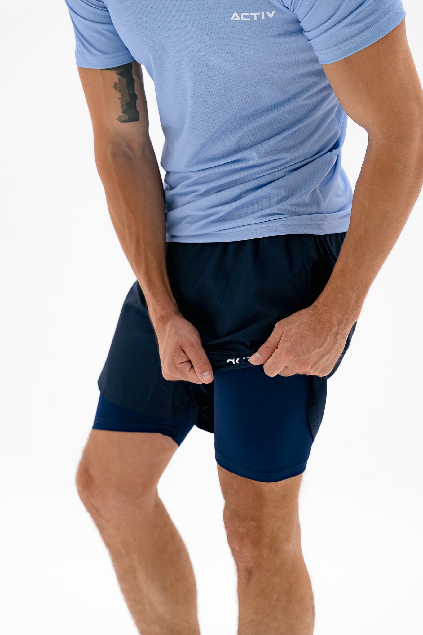 Act-Fit Training Shorts with Underneath Compression Shorts - Navy Blue