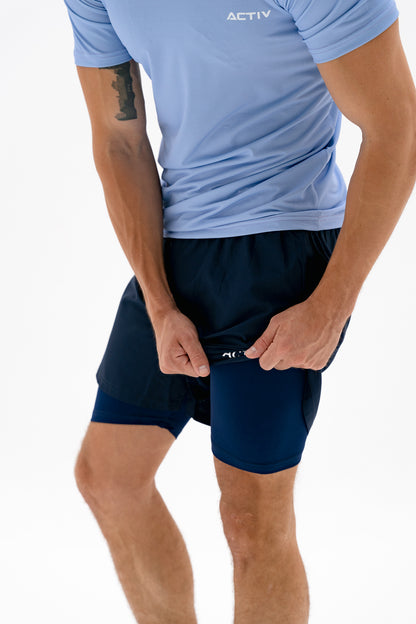 Act-Fit Training Shorts with Underneath Compression Shorts - Navy Blue