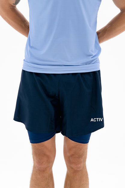 Act-Fit Training Shorts with Underneath Compression Shorts - Navy Blue